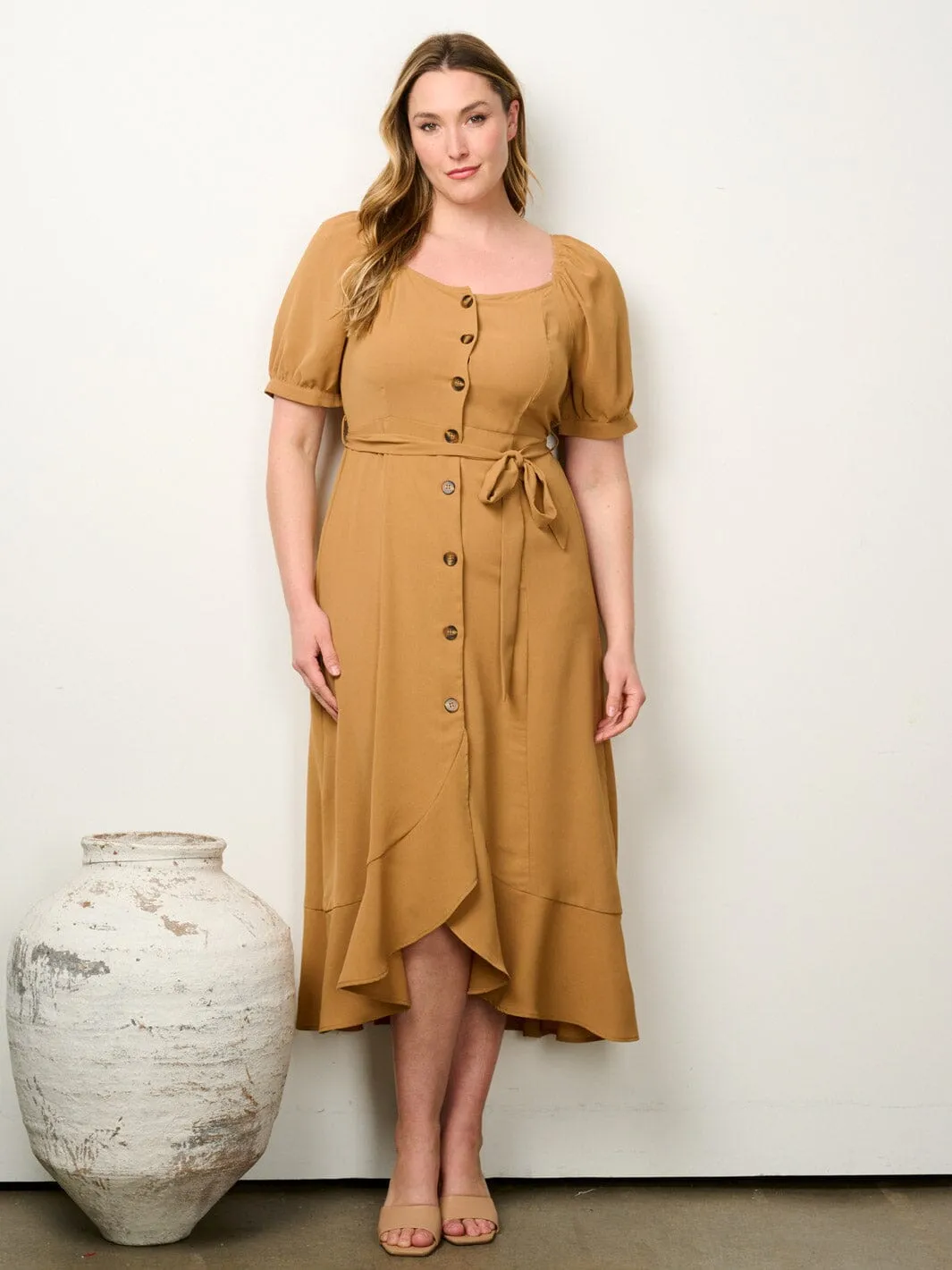 PLUS SIZE SHORT PUFF SLEEVE BUTTON UP SELF TIE MAXI DRESS