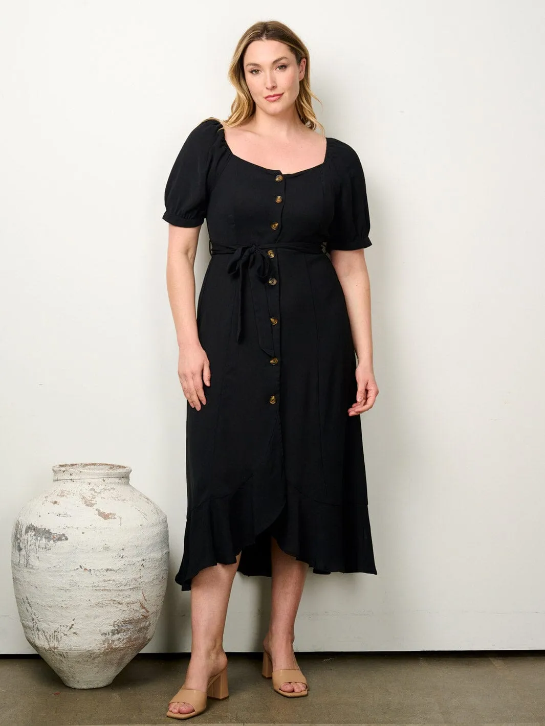PLUS SIZE SHORT PUFF SLEEVE BUTTON UP SELF TIE MAXI DRESS