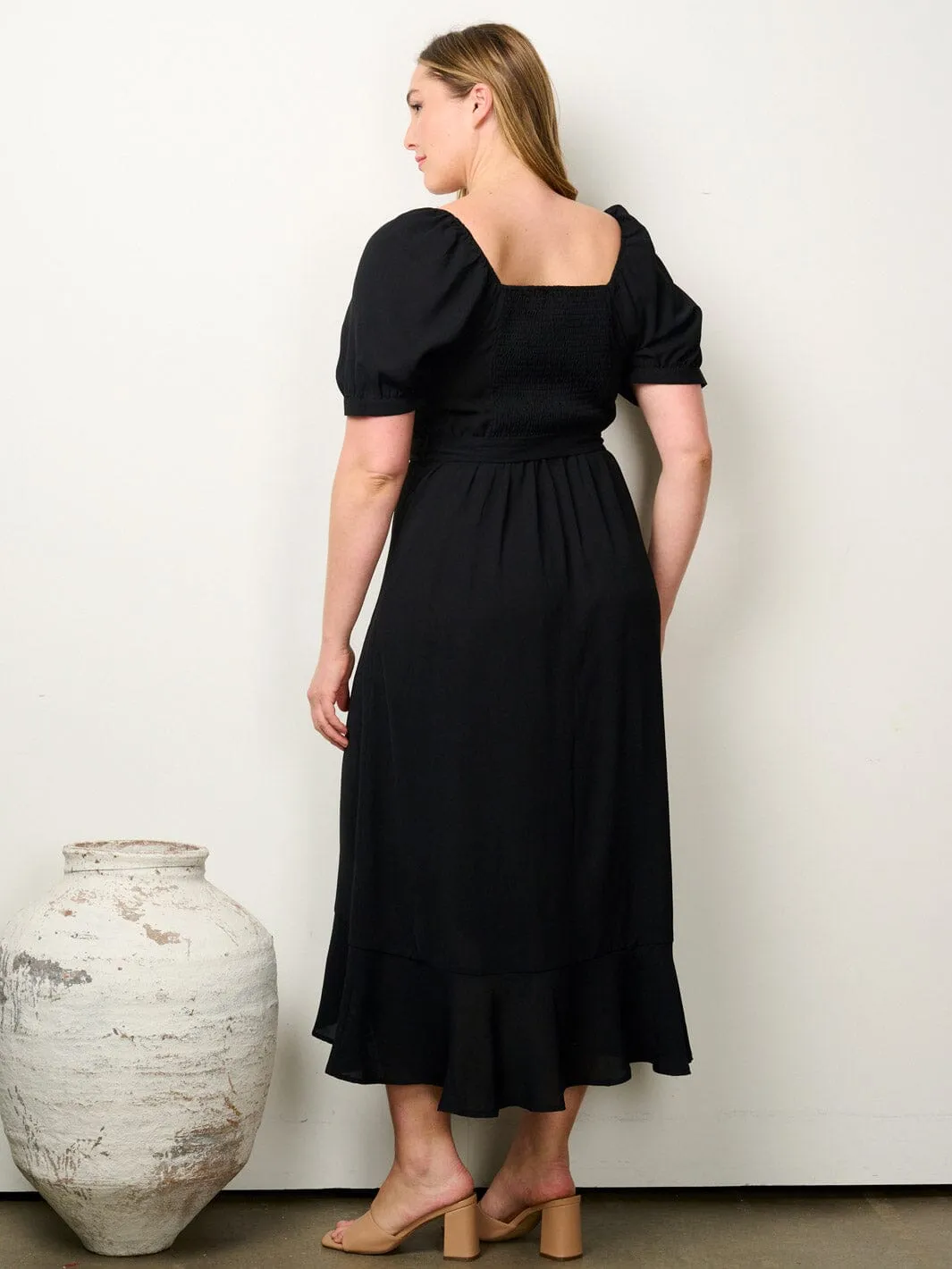 PLUS SIZE SHORT PUFF SLEEVE BUTTON UP SELF TIE MAXI DRESS