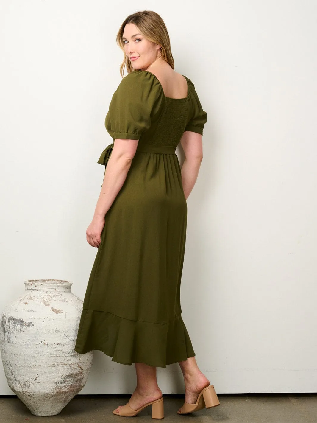 PLUS SIZE SHORT PUFF SLEEVE BUTTON UP SELF TIE MAXI DRESS