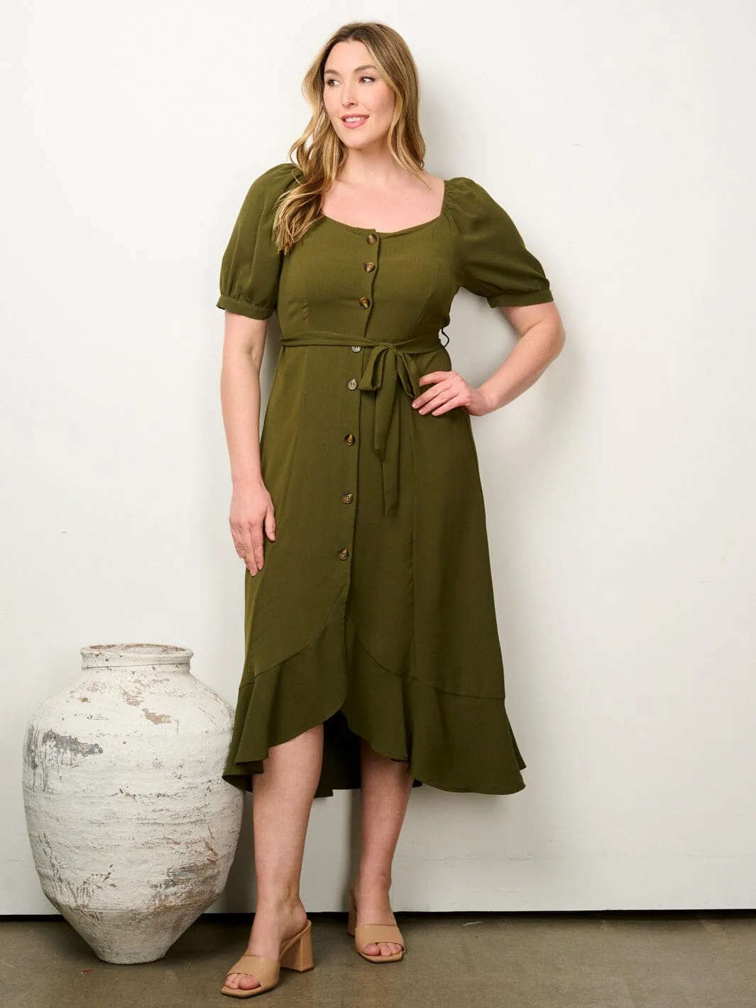 PLUS SIZE SHORT PUFF SLEEVE BUTTON UP SELF TIE MAXI DRESS