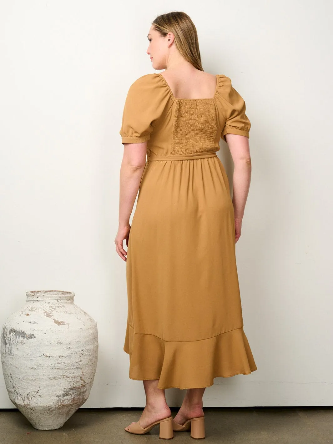 PLUS SIZE SHORT PUFF SLEEVE BUTTON UP SELF TIE MAXI DRESS