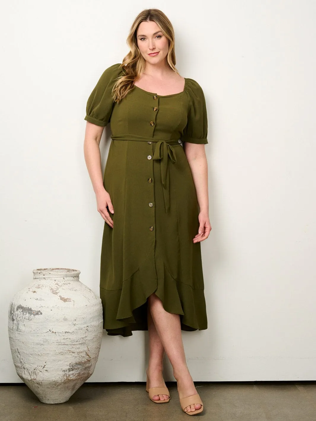PLUS SIZE SHORT PUFF SLEEVE BUTTON UP SELF TIE MAXI DRESS