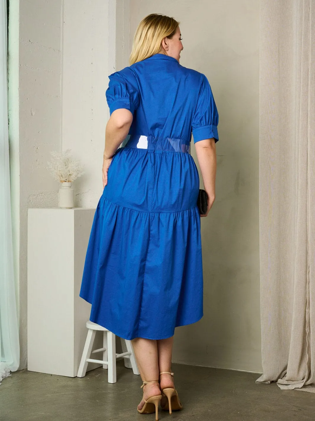 PLUS SIZE SHORT PUFF SLEEVE TIERE BUTTON UP MIDI DRESS