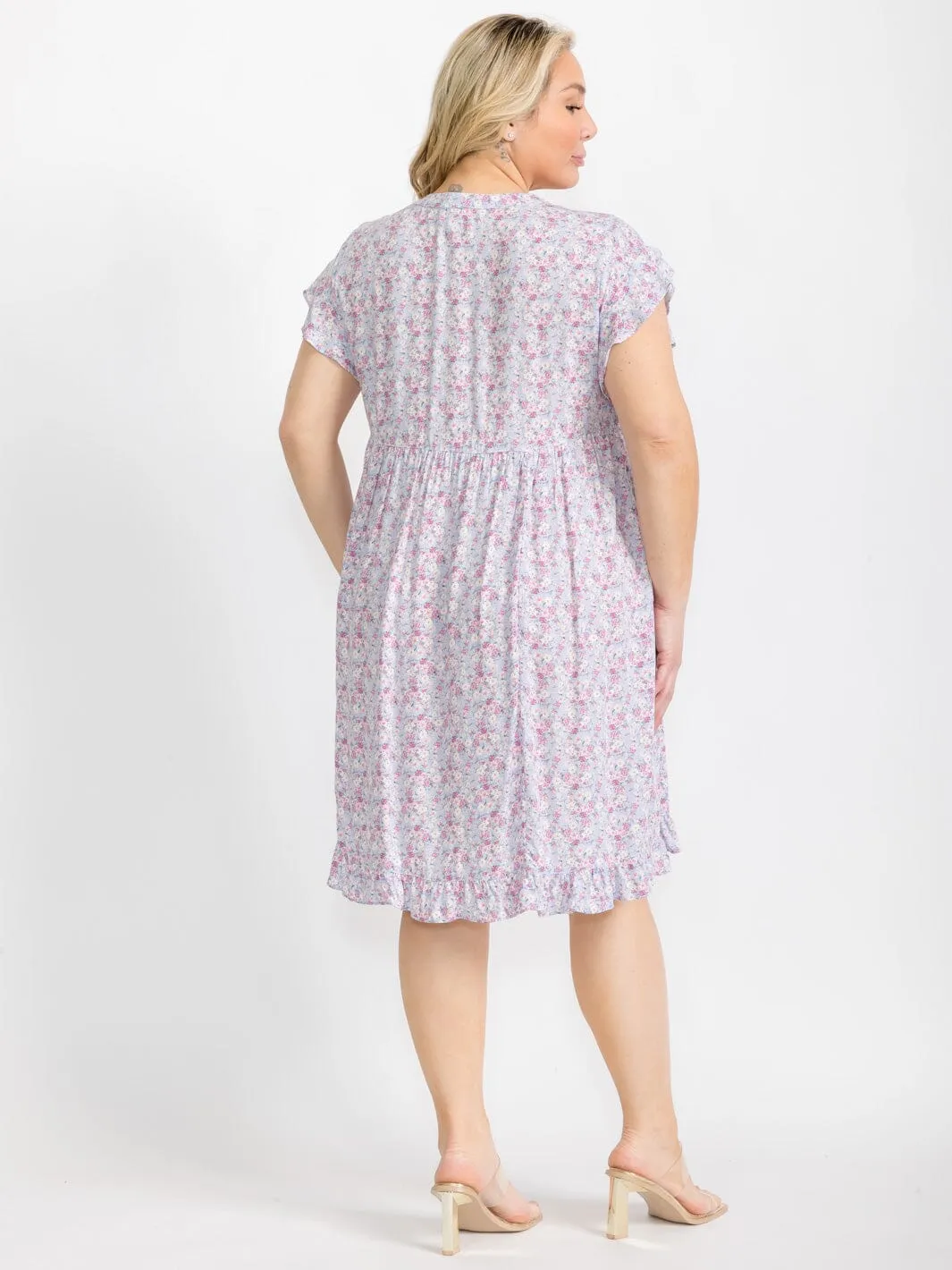 PLUS SIZE SHORT SLEEVE BUTTON CLOSURE FLORAL TUNIC MIDI DRESS