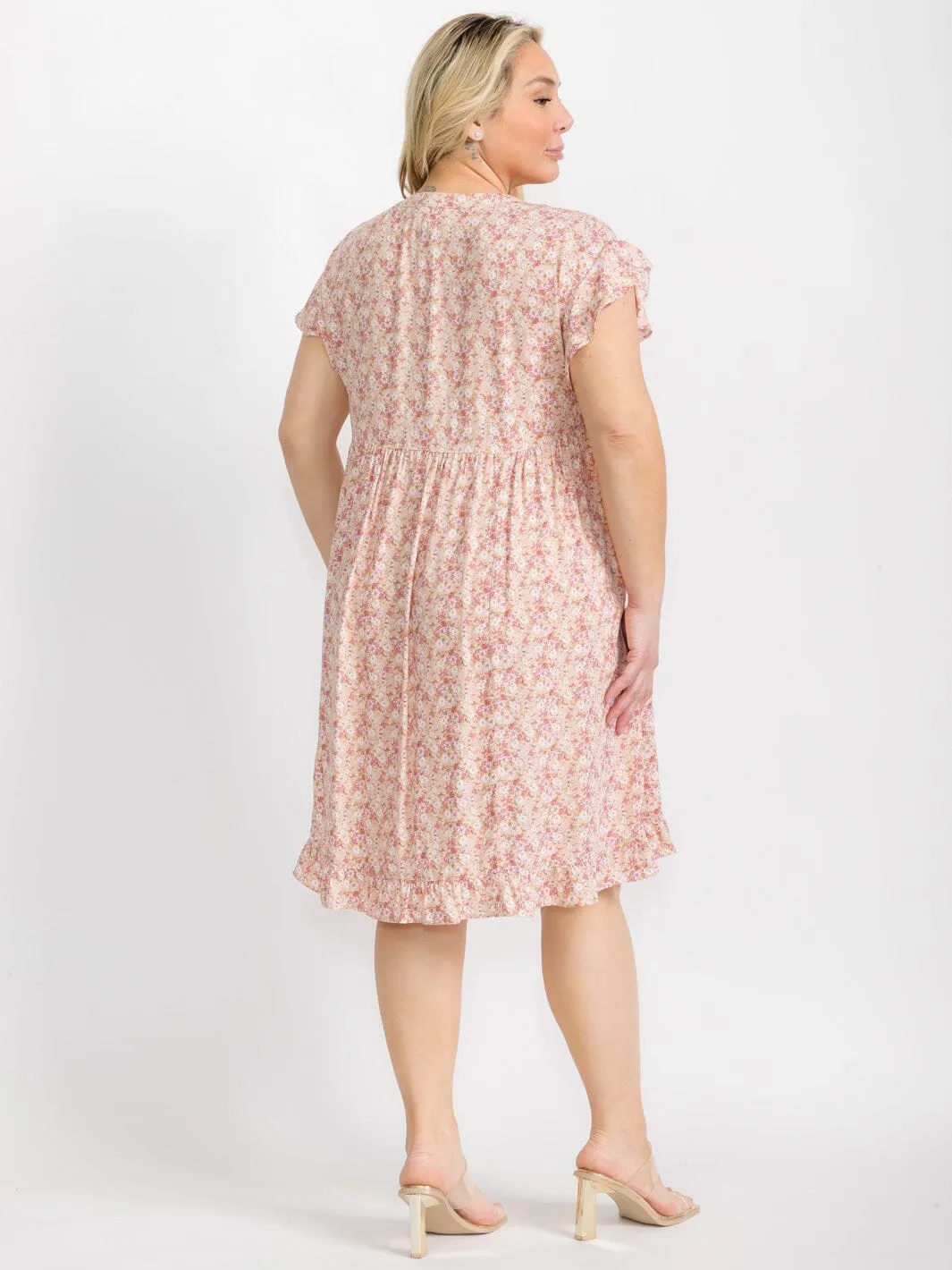 PLUS SIZE SHORT SLEEVE BUTTON CLOSURE FLORAL TUNIC MIDI DRESS