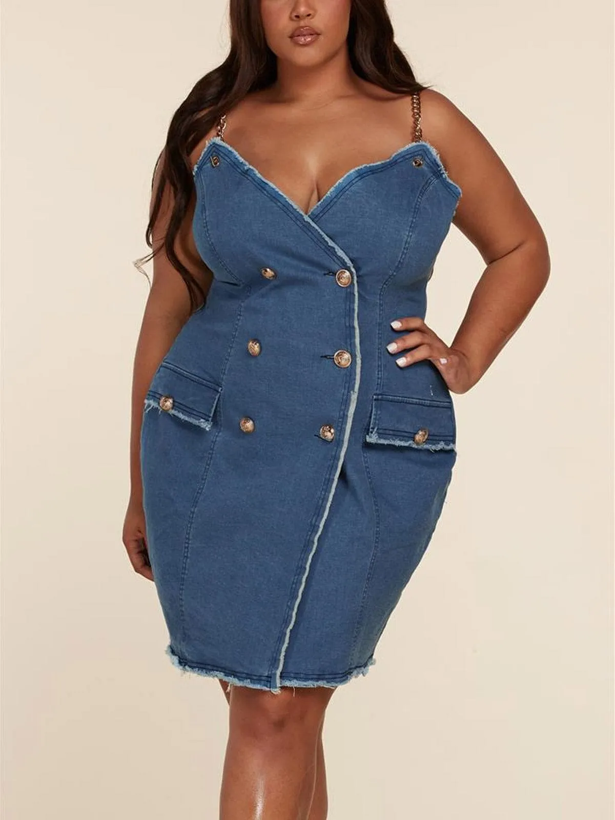 PLUS SIZE SLEEVELESS BUTTON UP DENIM MINI DRESS