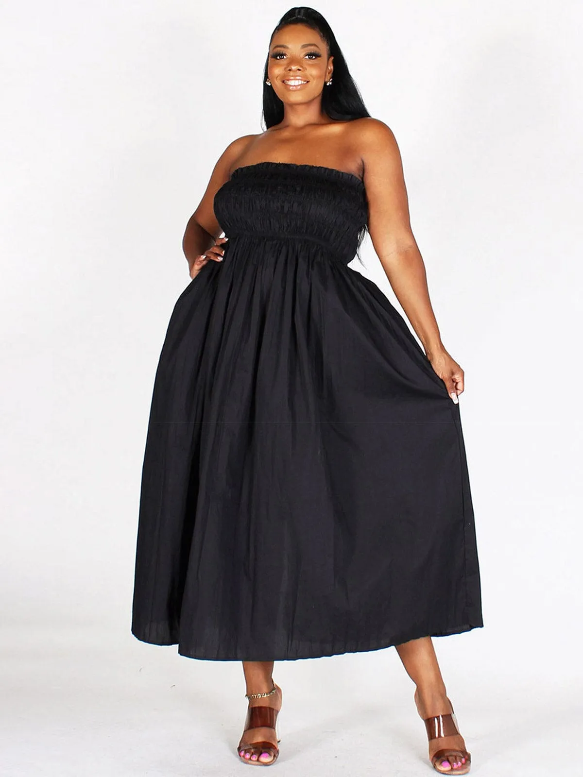 PLUS SIZE SLEEVELESS SMOCK FIT & FLARE MIDI DRESS