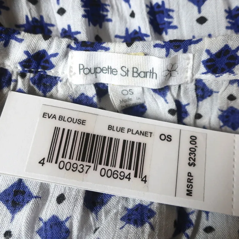 Poupette St Barth Off-Shoulder Top Eva White Blue Planet Print One Size NEW