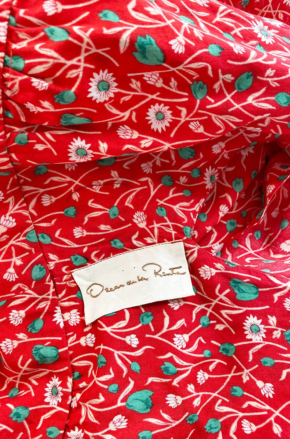 Prettiest 1970s Oscar de la Renta Tiered & Ruffled Tiny Floral Red Dress