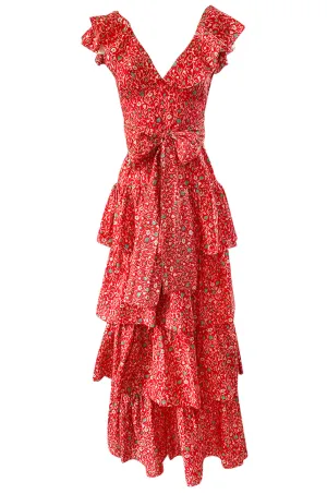 Prettiest 1970s Oscar de la Renta Tiered & Ruffled Tiny Floral Red Dress