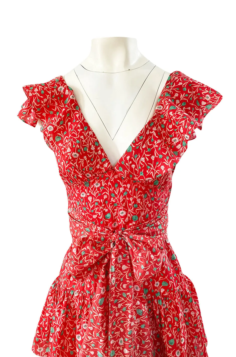 Prettiest 1970s Oscar de la Renta Tiered & Ruffled Tiny Floral Red Dress