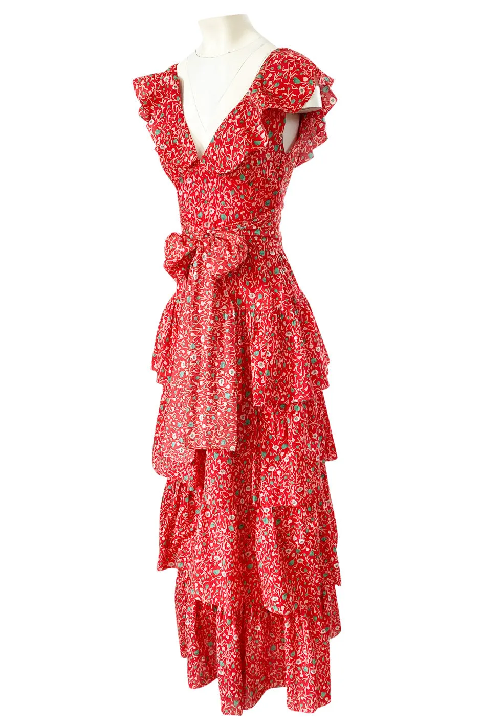 Prettiest 1970s Oscar de la Renta Tiered & Ruffled Tiny Floral Red Dress