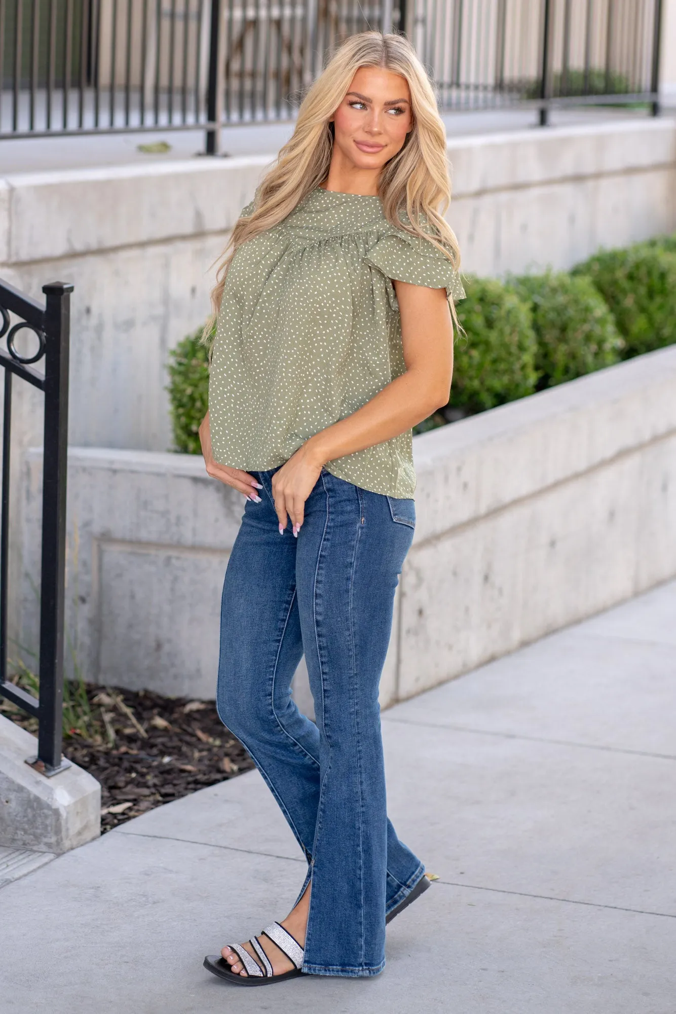 Printed Round Neck Puff Sleeve Blouse