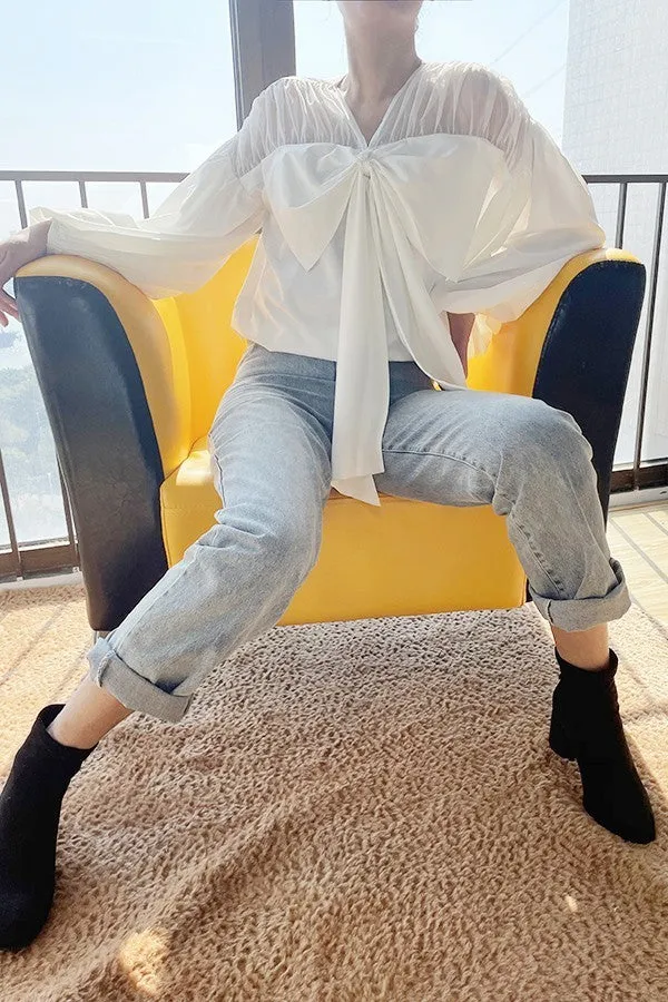 Puff sleeve bowknot front v neck blouse