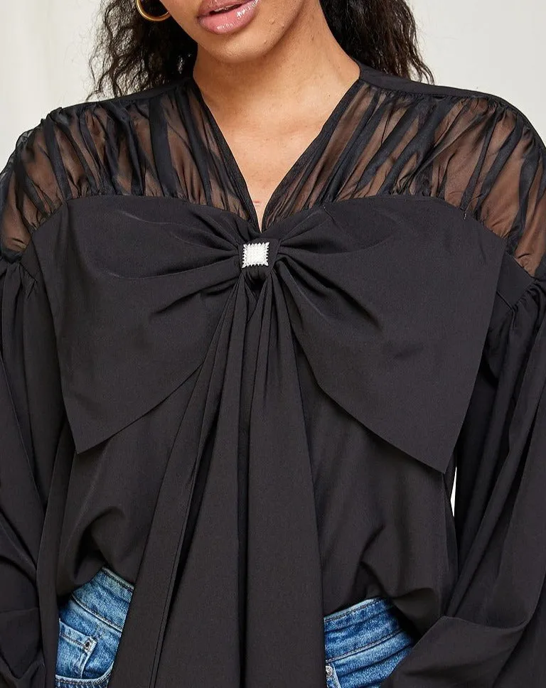 Puff sleeve bowknot front v neck blouse