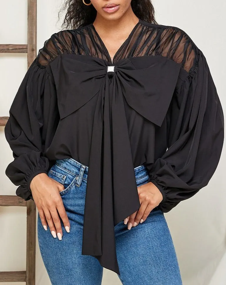 Puff sleeve bowknot front v neck blouse