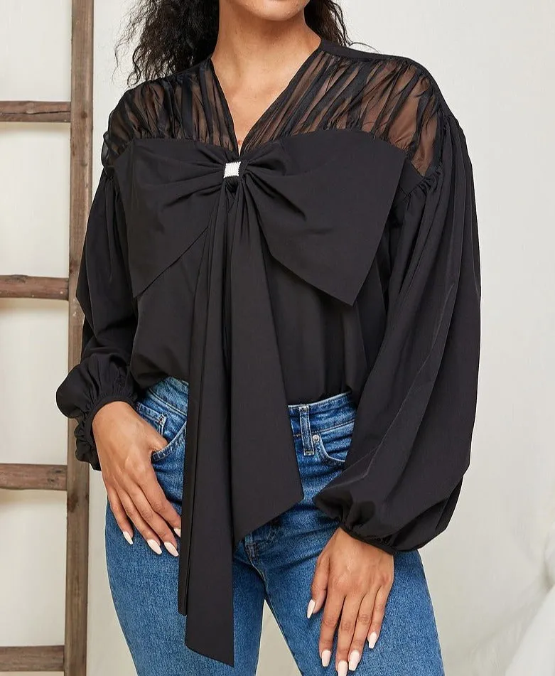 Puff sleeve bowknot front v neck blouse