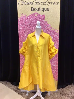 Puff Sleeves Button Up Dress With Pockets