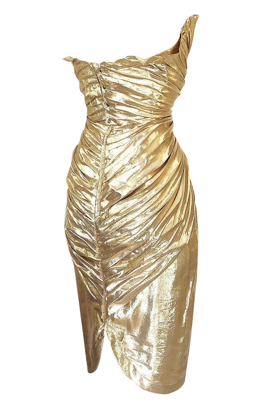 Rare Spring 1985 Thierry Mugler Bombshell Pleated Gold Lurex 'Shell' Dress