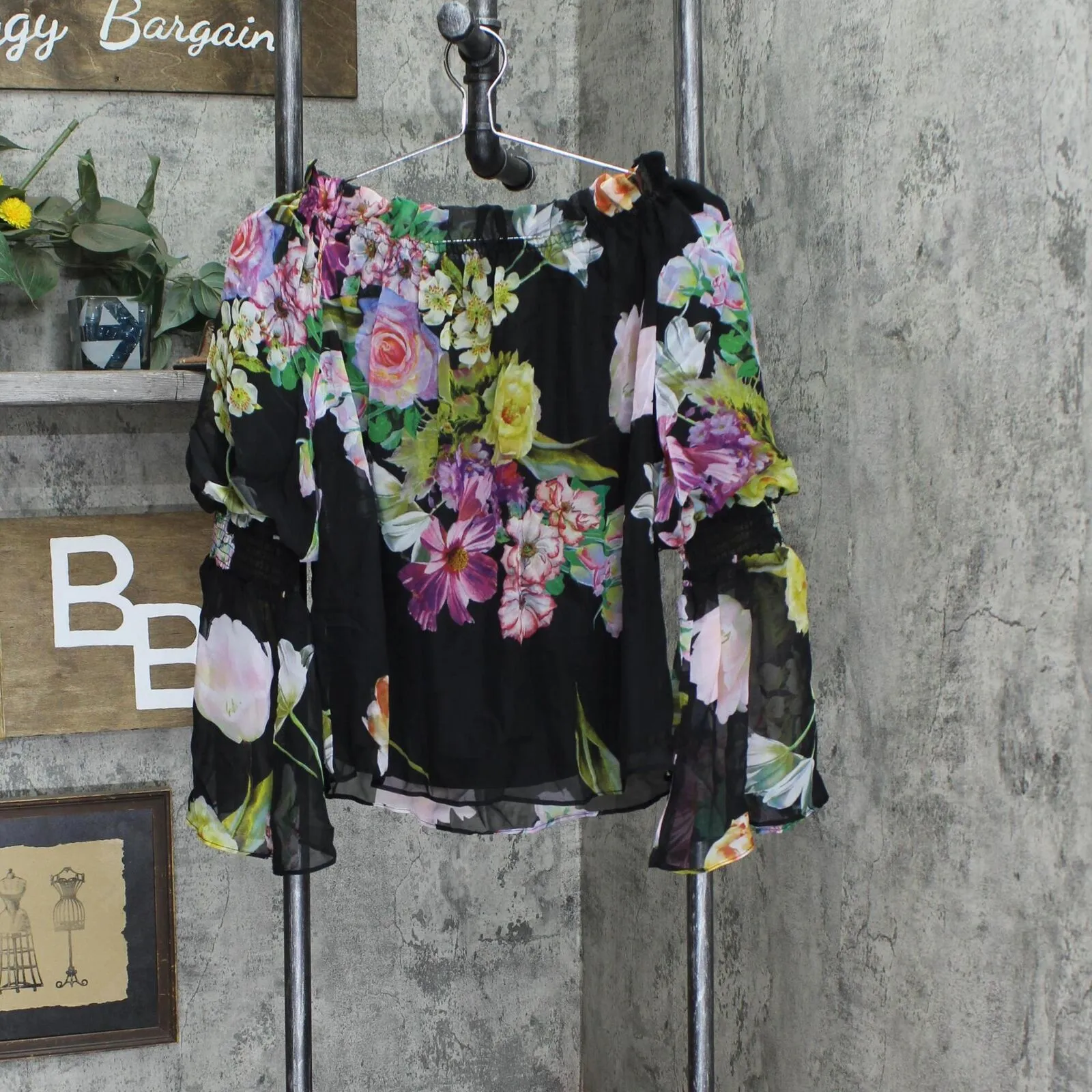 Rarities Womens Floral-Print Off-Shoulder Top 702015 Black S