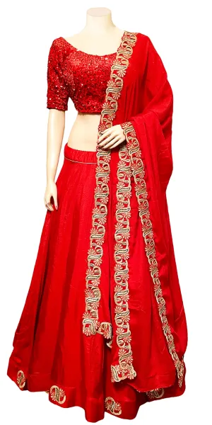 Red Color, Umbrella cut Lehenga & Pure Chinon Dupatta with Sequence Velvet Blouse