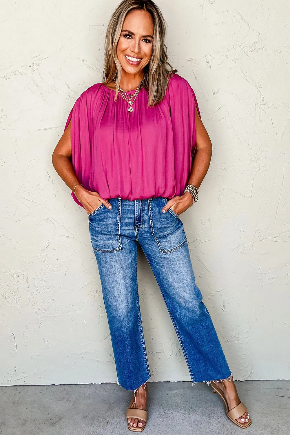 Rose Red Round Neck Grecian Drape Blouse
