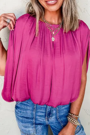 Rose Red Round Neck Grecian Drape Blouse