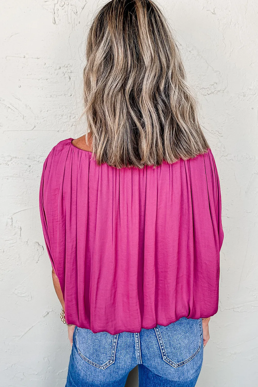 Rose Red Round Neck Grecian Drape Blouse