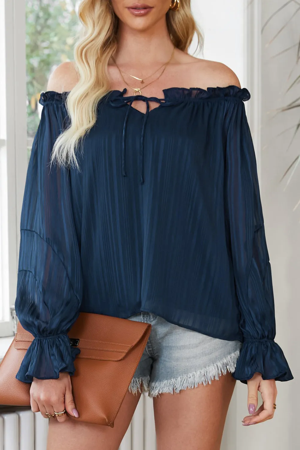 Roxanne Frill Tied Off-Shoulder Flounce Sleeve Blouse