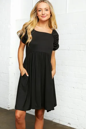 Ruched Sleeve Square Neck Babydoll Dress