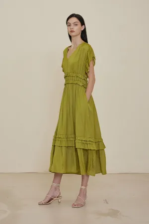 Satin Ruffled V-Neck Dress