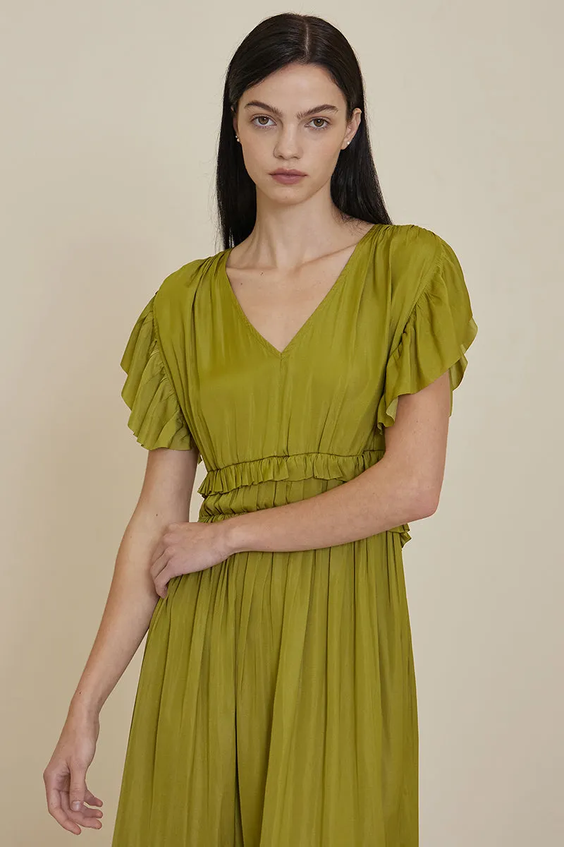 Satin Ruffled V-Neck Dress