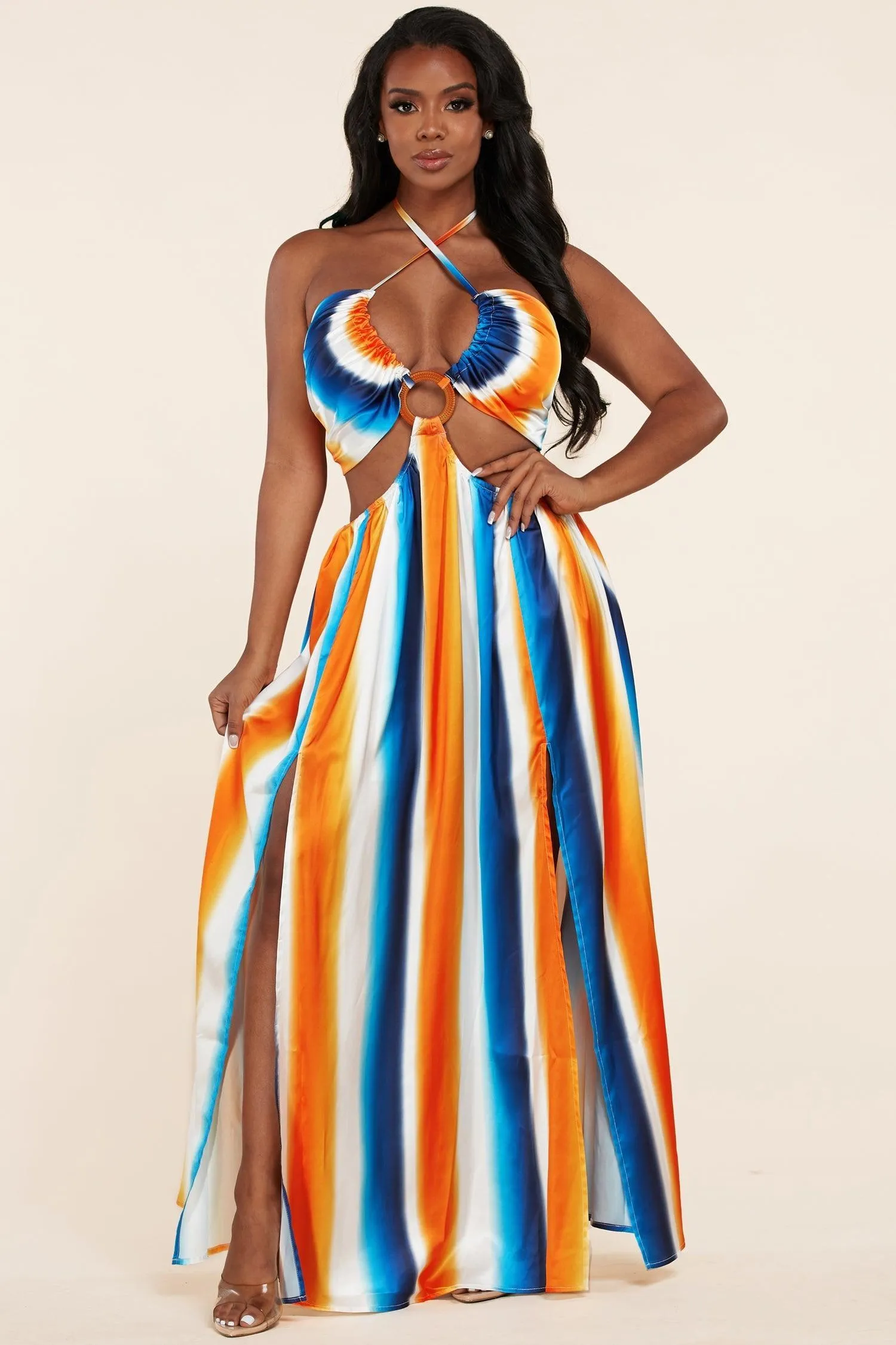 SEXY CUTOUT MAXI STRIPE DRESS