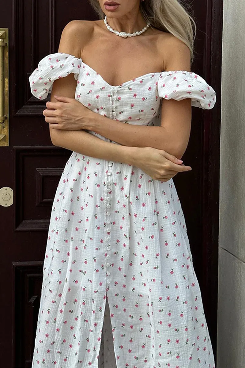 Sexy Flowers Buttons Off Shoulder A Line Dresses