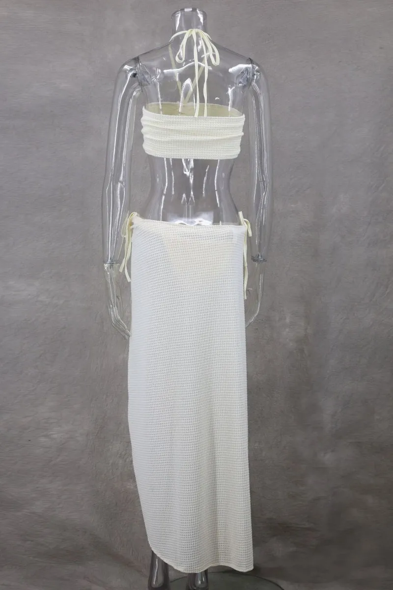 Sexy Solid Bandage Backless Slit Halter Sleeveless Three Piece Set
