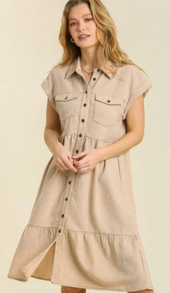 Short Sleeve Linen-Like Button Up Dress