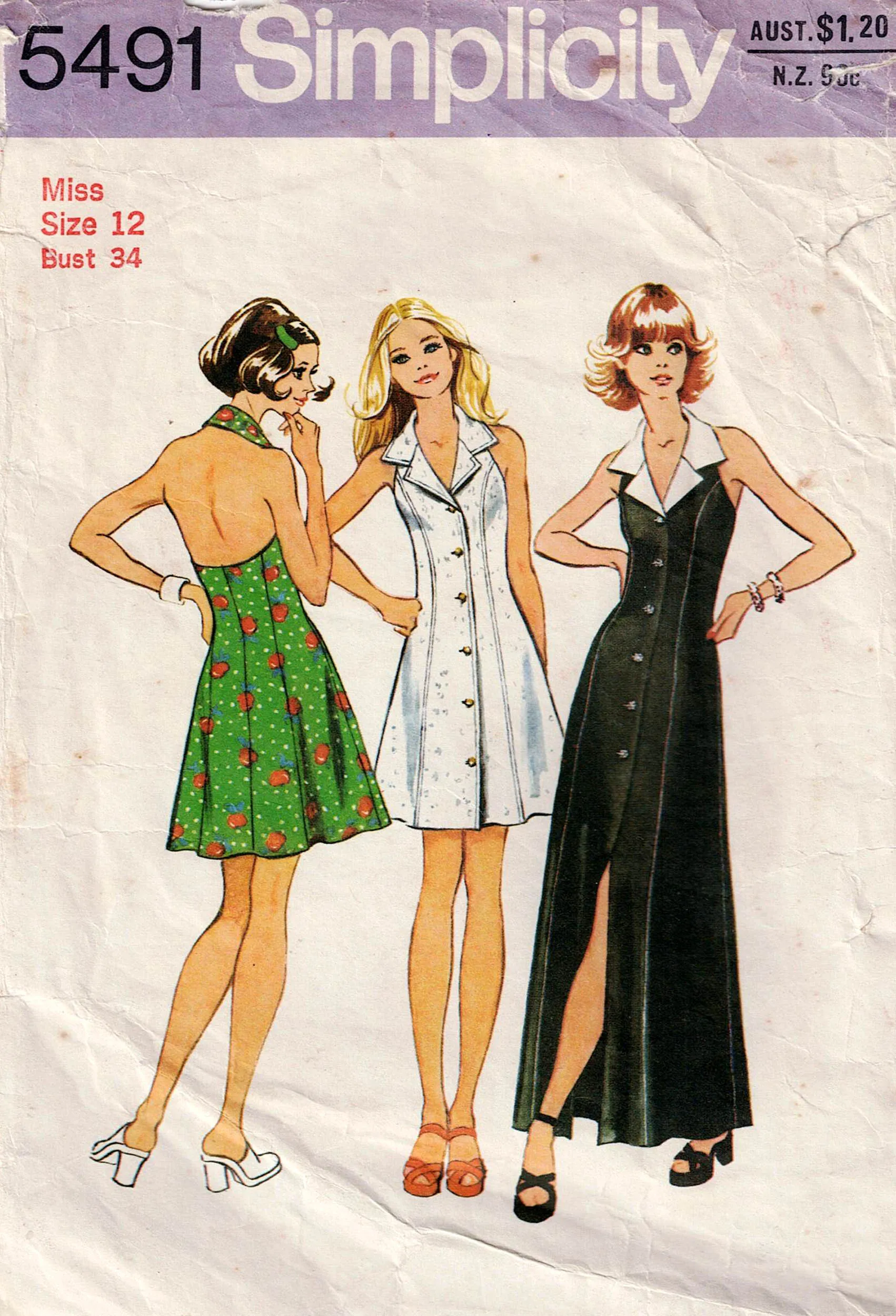 Simplicity 5491 Womens Mini/Maxi Halter Shirtdress 1970s Vintage Sewing Pattern Size 12 Bust 34 Inches