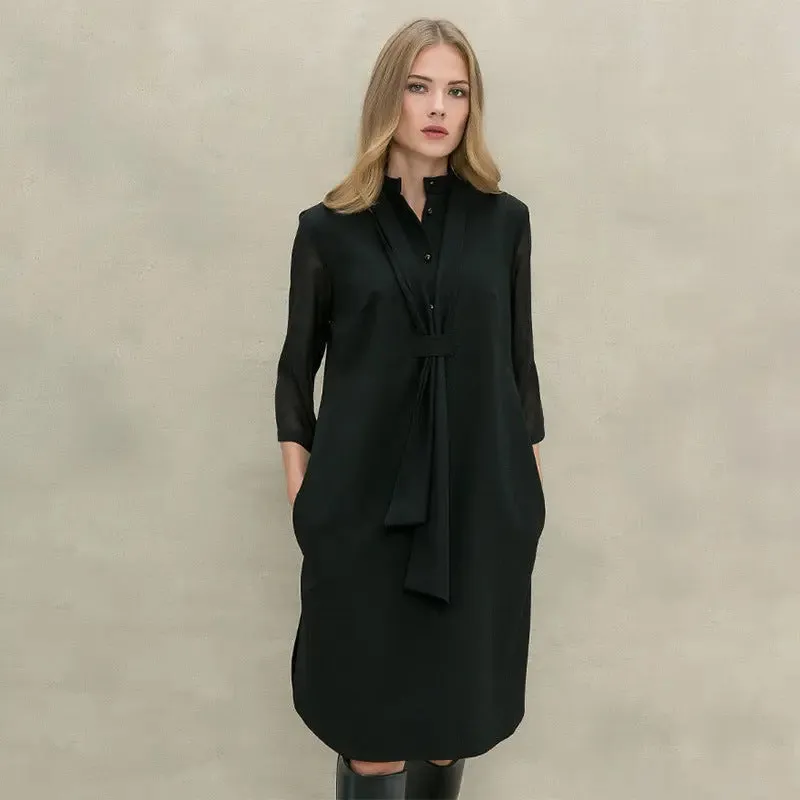 Solid Color Midi Dress - Stand Collar Button-Up Dress