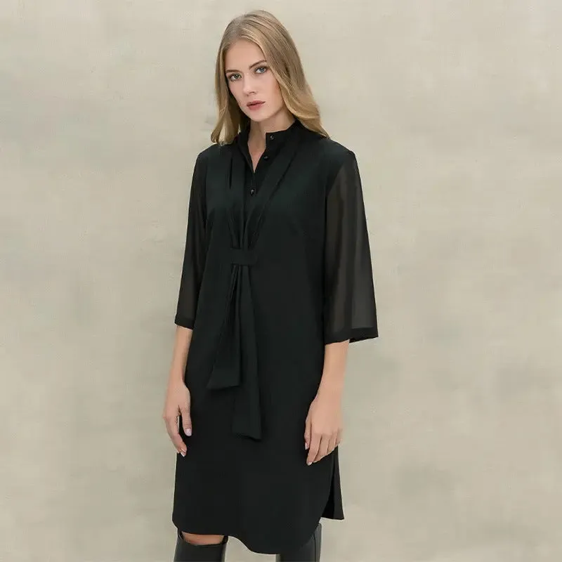 Solid Color Midi Dress - Stand Collar Button-Up Dress