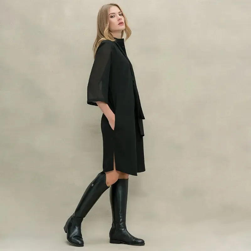 Solid Color Midi Dress - Stand Collar Button-Up Dress