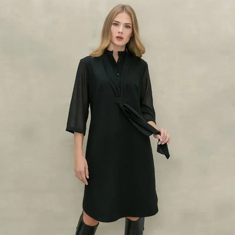Solid Color Midi Dress - Stand Collar Button-Up Dress