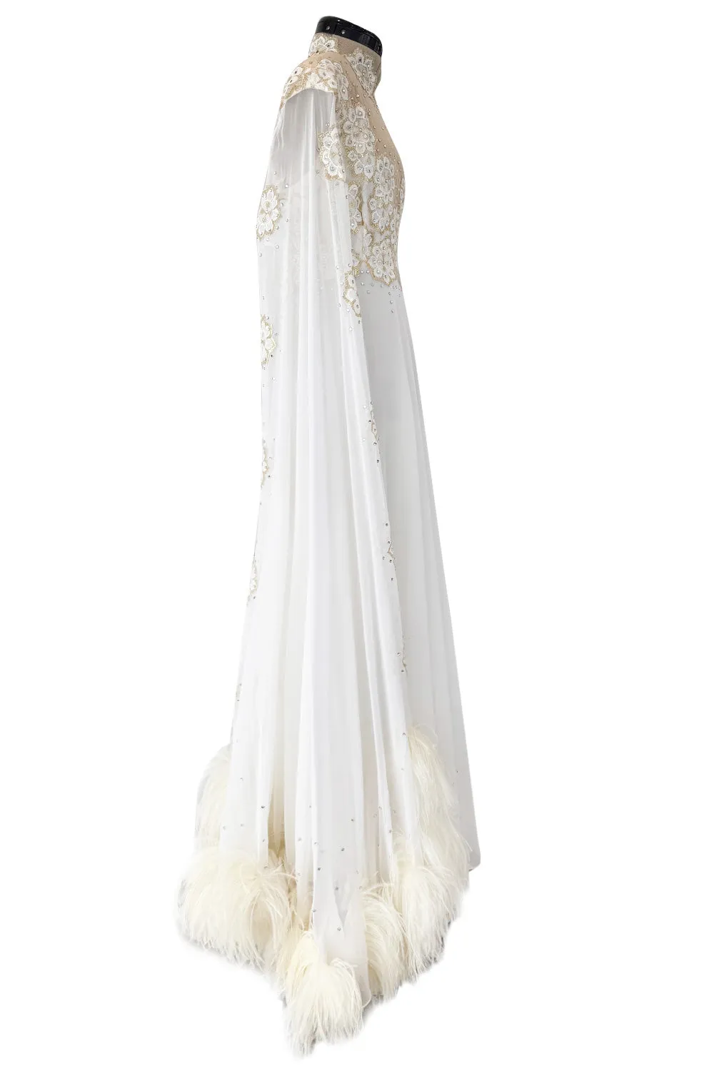 Spectacular 1960s Unlabeled Floor Length Feather Sleeve Silk Chiffon Dress w Gold Detailing