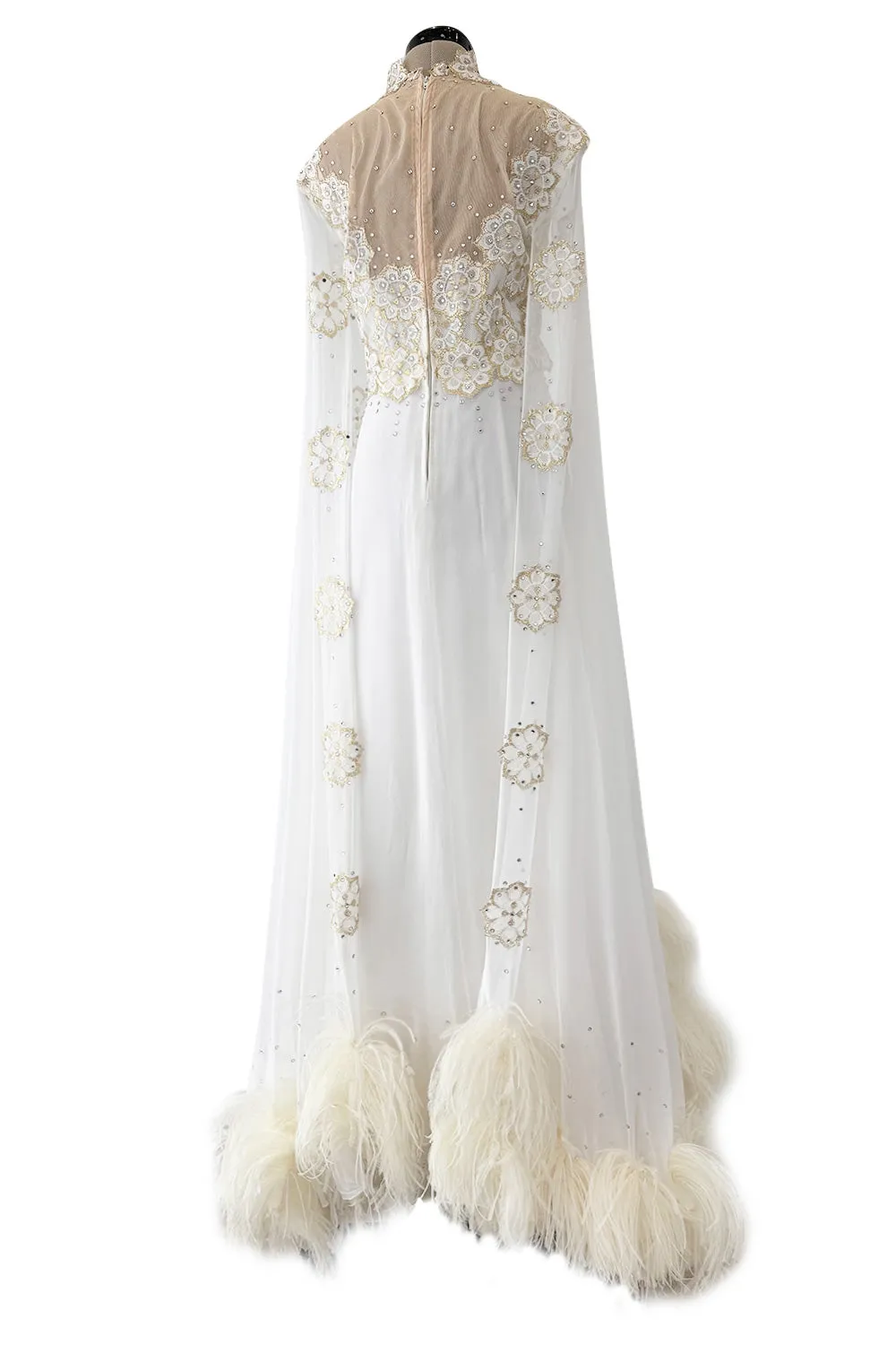 Spectacular 1960s Unlabeled Floor Length Feather Sleeve Silk Chiffon Dress w Gold Detailing
