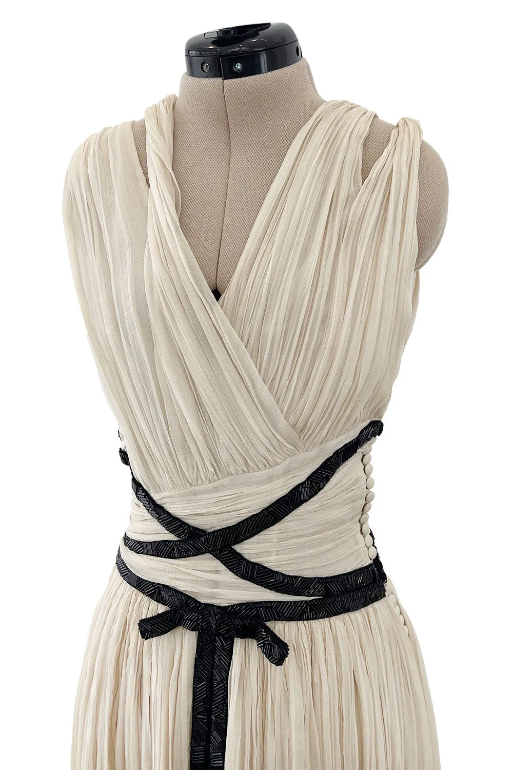 Spring 2012 Christian Dior Runway Ivory Silk Chiffon Dress w Black Beaded Bow Detail