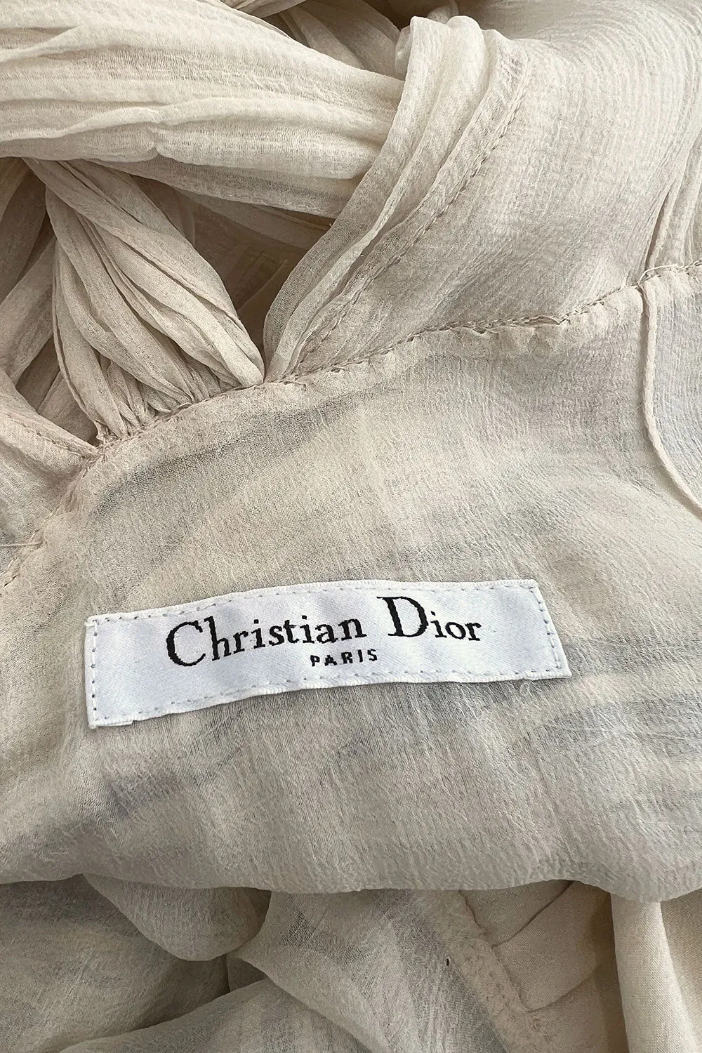 Spring 2012 Christian Dior Runway Ivory Silk Chiffon Dress w Black Beaded Bow Detail
