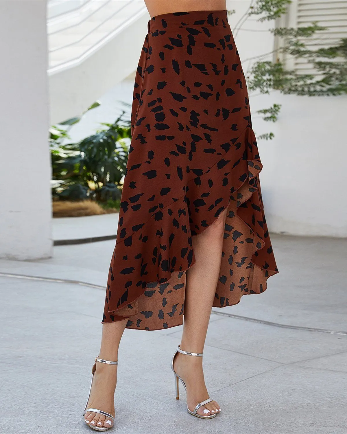 Statement-Maker Floral Print Wrap Midi Skirt - Coffee