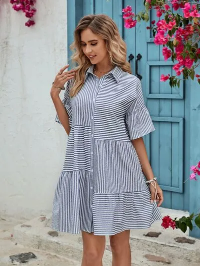 Striped Button Up Half Sleeve Dress