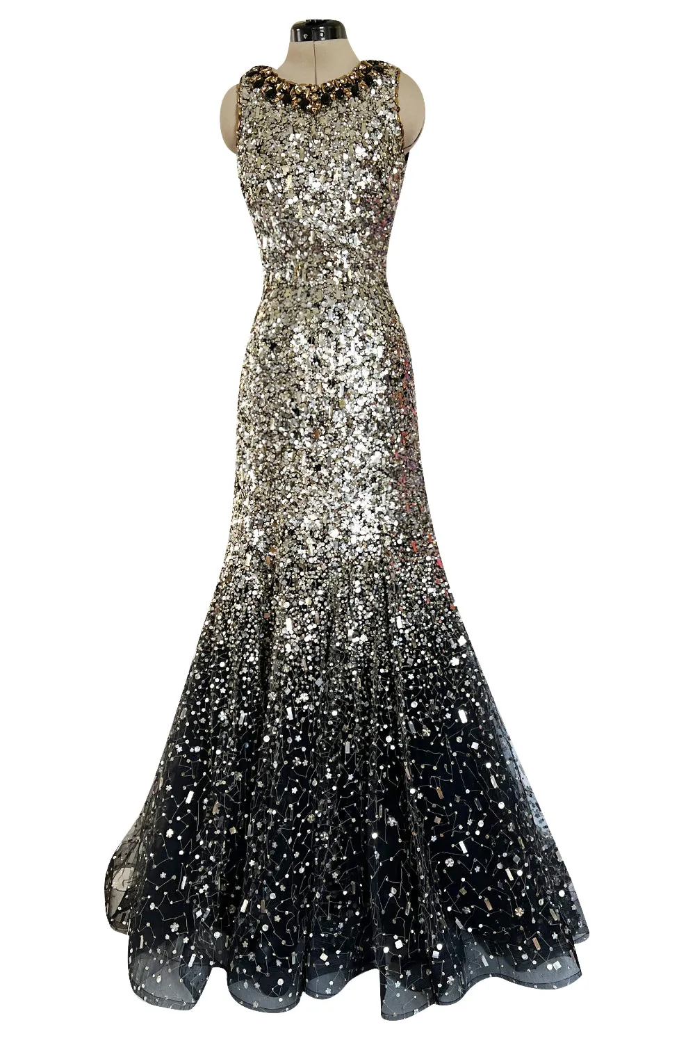 Stunning Fall 2006 Oscar de la Renta Runway Gold & Silver Sequin & Bead in Silk Netting Dress