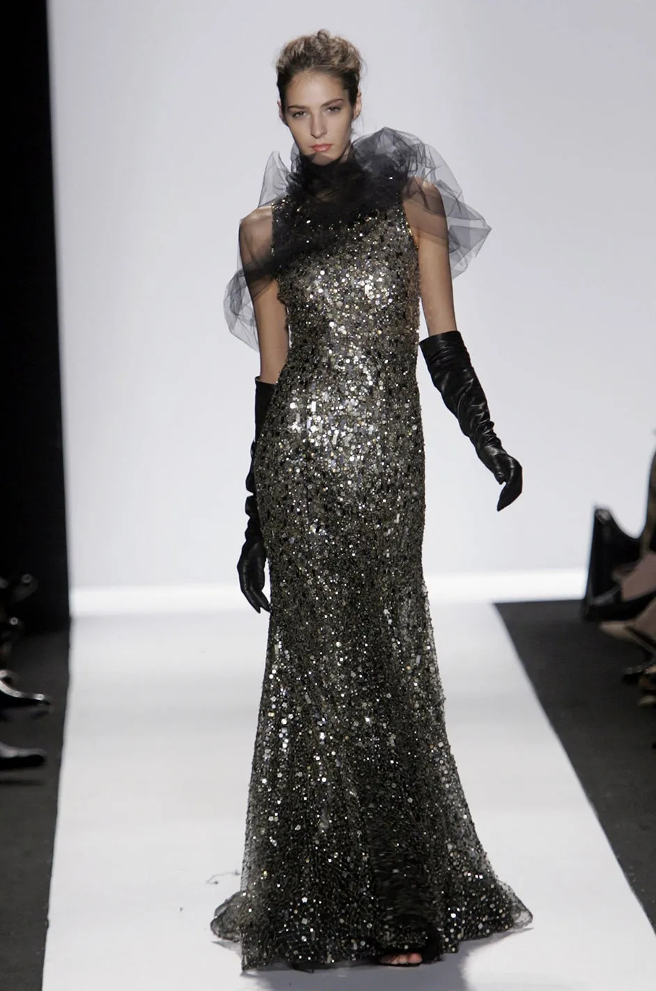 Stunning Fall 2006 Oscar de la Renta Runway Gold & Silver Sequin & Bead in Silk Netting Dress